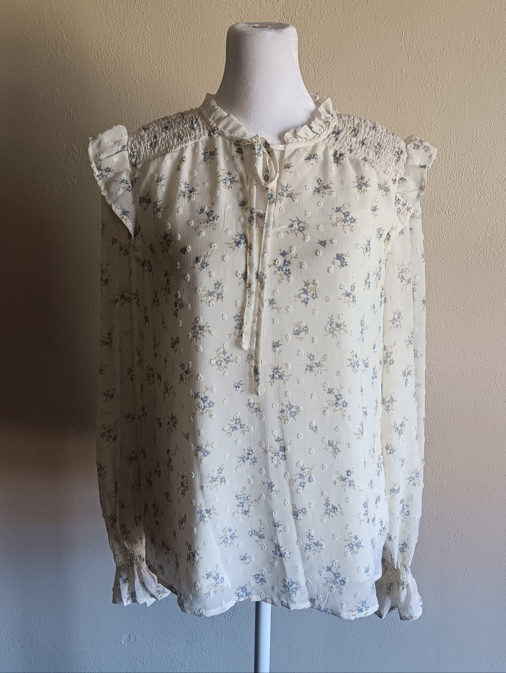 NWT Cottagecore Prairie Cream Blue Floral Shirt,  By The River Small Bohemian